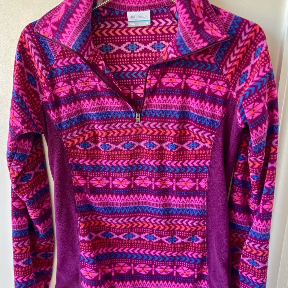 Columbia Hot Pink Fleece Aztec Patterned Zippered Pullover